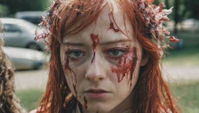 1girl,solo,long hair,looking at viewer,bangs,brown hair,brown eyes,outdoors,parted lips,orange hair,blurry,lips,blood,depth of field,blurry background,portrait,blood on face,realistic,car,hair ornament,closed mouth,red hair,eyelashes,expressionless,close-up,freckles,nose