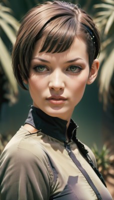 1girl,solo,looking at viewer,short hair,bangs,brown hair,closed mouth,green eyes,jacket,upper body,artist name,blurry,lips,eyelashes,depth of field,blurry background,portrait,zipper,freckles,realistic,nose,breasts,black hair,jewelry,earrings,parted lips