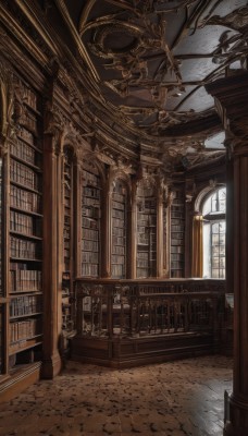 indoors,tree,book,no humans,window,sunlight,scenery,stairs,railing,bookshelf,architecture,tile floor,pillar,library,arch,chandelier,day,artist name,signature,wooden floor,fantasy,clock,candle,candlestand