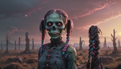 1girl,solo,long hair,breasts,looking at viewer,black hair,red eyes,twintails,very long hair,yellow eyes,upper body,braid,multicolored hair,outdoors,sky,teeth,cloud,twin braids,orange eyes,blood,gradient hair,glowing,cloudy sky,glowing eyes,backlighting,skull,sunset,sun,skeleton,horror (theme),jewelry,blue hair,pink hair,earrings,two-tone hair,tree,moon,scenery,science fiction,ruins,cyberpunk,post-apocalypse