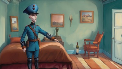 1girl,solo,short hair,blue eyes,blonde hair,long sleeves,1boy,hat,standing,jacket,male focus,boots,belt,indoors,uniform,pillow,military,bed,military uniform,chair,table,bottle,blue jacket,peaked cap,blue headwear,pouch,military hat,door,blue pants,candle,belt pouch,painting (object),shako cap,weapon,gun,alcohol,wine,wine bottle