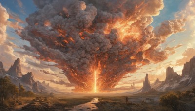 outdoors,sky,day,cloud,water,tree,blue sky,no humans,sunlight,cloudy sky,fire,nature,scenery,forest,smoke,sunset,mountain,fantasy,sun,explosion,landscape,burning,molten rock,solo,standing,rock