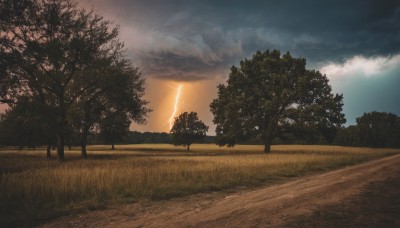 outdoors,sky,cloud,tree,no humans,cloudy sky,grass,nature,scenery,forest,sunset,electricity,road,bush,lightning,path,field,landscape