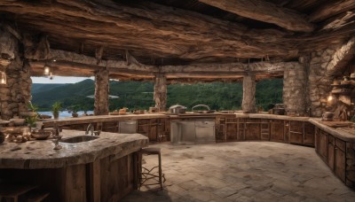 outdoors,food,sky,day,indoors,tree,cup,no humans,window,chair,table,plant,scenery,plate,bowl,lamp,stool,barrel,water,ocean,lantern,potted plant,candle,candlestand,fireplace,wood