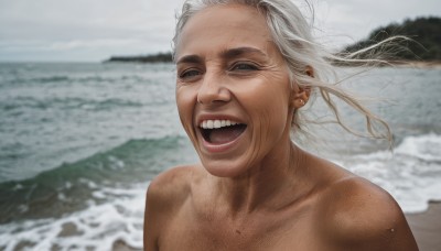 1girl,solo,long hair,looking at viewer,smile,open mouth,blue eyes,collarbone,upper body,white hair,:d,grey hair,nude,outdoors,teeth,day,water,blurry,floating hair,blurry background,ocean,beach,portrait,freckles,realistic,sand,old,old woman,wrinkled skin,1boy,male focus,sky,cloud,wind,old man,waves,photo background,grey sky