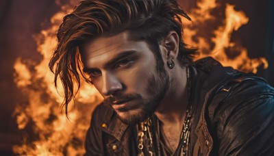 solo,short hair,brown hair,shirt,black hair,1boy,jewelry,closed mouth,jacket,upper body,male focus,earrings,dark skin,necklace,blurry,vest,blurry background,facial hair,chain,scar,dark-skinned male,fire,portrait,beard,realistic,manly,looking at viewer,lips,scar on face,scar across eye,leather,leather jacket