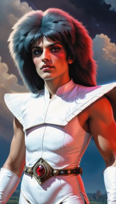 1girl,solo,long hair,blue eyes,black hair,gloves,1boy,blue hair,parted lips,sky,belt,cloud,white gloves,dark skin,dark-skinned female,lips,bodysuit,star (sky),science fiction,realistic,nose,retro artstyle,1980s (style),brown eyes,male focus,cape,night,facepaint