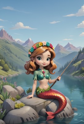 1girl,solo,long hair,breasts,looking at viewer,smile,blue eyes,brown hair,hair ornament,navel,holding,medium breasts,sitting,flower,small breasts,outdoors,sky,day,midriff,cloud,hair flower,water,chibi,blue sky,lips,grass,monster girl,nature,fish,rock,mountain,scales,head wreath,mermaid,river,lake,fishing rod,fishing,holding fishing rod,sitting on rock,fishing line,blush,bangs,jewelry,closed mouth,green eyes,full body,artist name,necklace,stomach,arm support,watermark