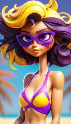 1girl,solo,breasts,looking at viewer,blonde hair,navel,cleavage,bare shoulders,medium breasts,purple eyes,collarbone,swimsuit,upper body,purple hair,bikini,multicolored hair,small breasts,outdoors,day,medium hair,blurry,two-tone hair,tree,lips,makeup,blurry background,beach,sunglasses,lipstick,tan,multicolored clothes,eyeshadow,tanlines,palm tree,purple bikini,tinted eyewear,short hair,midriff,artist name,stomach,ocean,bikini top only,asymmetrical hair,strap gap