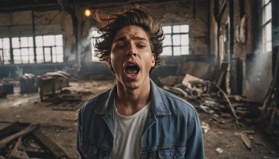 solo,looking at viewer,short hair,open mouth,brown hair,shirt,black hair,1boy,jacket,white shirt,upper body,male focus,open clothes,teeth,indoors,blurry,black eyes,open jacket,window,parody,denim,blue jacket,messy hair,realistic,ruins,real life insert,debris,dust,rubble,denim jacket,facial hair,horror (theme),screaming