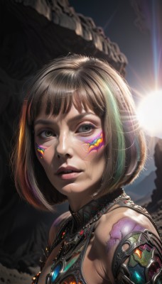 1girl,solo,breasts,looking at viewer,short hair,bangs,brown hair,black hair,bare shoulders,brown eyes,jewelry,green eyes,upper body,multicolored hair,small breasts,parted lips,blurry,lips,streaked hair,eyelashes,makeup,bob cut,lens flare,eyeshadow,science fiction,realistic,nose,facepaint,cyborg,green hair,necklace,from side,tattoo,facial mark,sunlight,portrait,sun,facial tattoo,dirty,bodypaint