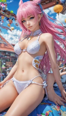 1girl,solo,long hair,breasts,looking at viewer,smile,bangs,blue eyes,navel,cleavage,bare shoulders,jewelry,medium breasts,sitting,closed mouth,swimsuit,pink hair,bikini,thighs,earrings,outdoors,sky,day,pointy ears,cloud,stomach,blurry,blue sky,lips,detached collar,blurry background,white bikini,multiple girls,ribbon,solo focus,necklace