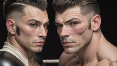 looking at viewer,short hair,simple background,brown hair,black hair,brown eyes,closed mouth,weapon,male focus,multiple boys,sword,2boys,lips,facial hair,scar,black background,portrait,scar on face,dual persona,realistic,blush,shirt,upper body,grey hair,grey eyes,muscular,expressionless,serious,very short hair,manly,undercut,dark background