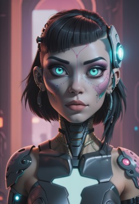 1girl,solo,looking at viewer,short hair,bangs,blue eyes,black hair,jewelry,green eyes,upper body,earrings,artist name,blurry,aqua eyes,lips,tattoo,makeup,blurry background,glowing,headgear,watermark,piercing,ear piercing,portrait,glowing eyes,eyeshadow,science fiction,asymmetrical hair,nose,android,stud earrings,eyeliner,joints,mechanical arms,straight-on,cyborg,single mechanical arm,robot joints,neon trim,mascara,cyberpunk,mechanical parts,eyebrow piercing,closed mouth,eyelashes,facial mark,backlighting,freckles,realistic,facepaint