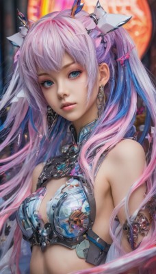 1girl,solo,long hair,breasts,looking at viewer,bangs,blue eyes,hair ornament,bare shoulders,twintails,jewelry,blue hair,upper body,pink hair,multicolored hair,earrings,small breasts,lips,realistic,medium breasts,parted lips,armor,blurry,eyelashes,makeup,gem,science fiction,pink lips,nose,fantasy,bikini armor