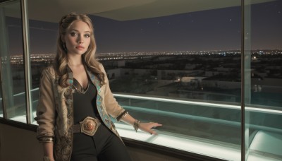 1girl,solo,long hair,breasts,looking at viewer,brown hair,cleavage,brown eyes,jewelry,medium breasts,jacket,cowboy shot,earrings,parted lips,open clothes,sky,belt,pants,indoors,necklace,nail polish,bracelet,open jacket,lips,coat,window,makeup,night,black pants,lipstick,building,star (sky),night sky,starry sky,city,realistic,nose,cityscape,city lights,looking outside,mole,scenery,curly hair