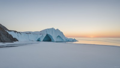 outdoors,sky,day,artist name,signature,water,blue sky,no humans,ocean,beach,scenery,snow,sunset,ice,mountain,sand,horizon,landscape,mountainous horizon,gradient sky,shore,sunrise,cloud,watermark,web address,reflection,sun,winter,bare tree