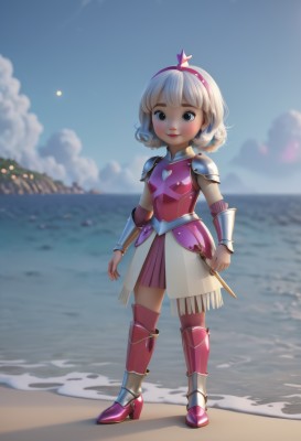 1girl,solo,looking at viewer,blush,smile,short hair,bangs,skirt,blonde hair,dress,brown eyes,closed mouth,standing,full body,weapon,white hair,hairband,boots,outdoors,sky,day,artist name,cloud,water,armor,blurry,black eyes,high heels,flat chest,blue sky,lips,depth of field,blurry background,ocean,beach,shoulder armor,child,pink dress,curly hair,pauldrons,breastplate,sand,pink footwear,horizon,armored dress,female child,armored boots,bracer,heart,high heel boots