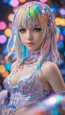 1girl,solo,long hair,breasts,looking at viewer,bangs,blue eyes,blonde hair,hair ornament,cleavage,bare shoulders,jewelry,medium breasts,closed mouth,upper body,multicolored hair,earrings,small breasts,choker,necklace,mole,blurry,lips,eyelashes,mole under eye,makeup,depth of field,blurry background,gem,realistic,nose,bokeh,blue hair,white hair,green hair,see-through,gradient hair