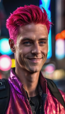 solo,looking at viewer,smile,short hair,blue eyes,shirt,1boy,jewelry,jacket,upper body,pink hair,male focus,teeth,necklace,bag,grin,blurry,black shirt,blurry background,backpack,portrait,red jacket,realistic,pink jacket,undercut,mohawk,parted lips,open clothes,artist name,signature,vest,open jacket,black jacket,depth of field,facial hair,scar,scar on face,zipper,scar across eye,very short hair