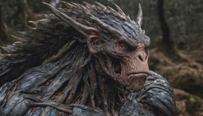 solo,blue eyes,1boy,upper body,male focus,outdoors,wings,horns,armor,blurry,tree,no humans,blurry background,portrait,nature,1other,forest,monster,closed mouth,teeth,day,from side,shoulder armor,close-up,realistic,fantasy,dragon,scales