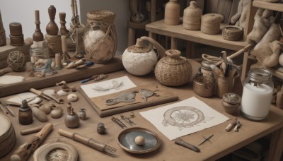 weapon,sword,indoors,cup,book,no humans,window,table,bottle,knife,scenery,plate,paper,spoon,basket,pen,paintbrush,pencil,hammer,scroll,scissors,shelf,jar,map,still life,wooden table,potion,ruler,wood,chair,box,wooden floor,shell,calligraphy brush,nail,barrel,stone,screw