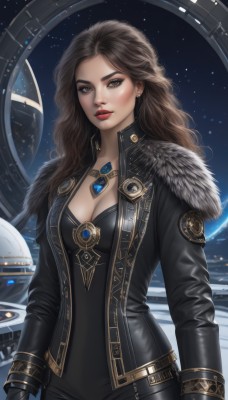 1girl,solo,long hair,breasts,looking at viewer,brown hair,gloves,long sleeves,cleavage,brown eyes,jewelry,medium breasts,closed mouth,standing,jacket,cowboy shot,earrings,open clothes,black gloves,necklace,open jacket,lips,black jacket,fur trim,bodysuit,makeup,wavy hair,lipstick,gem,star (sky),skin tight,pendant,science fiction,curly hair,realistic,nose,arms at sides,black bodysuit,red lips,space,leather,planet,spacecraft,large breasts,black hair,starry sky,leather jacket