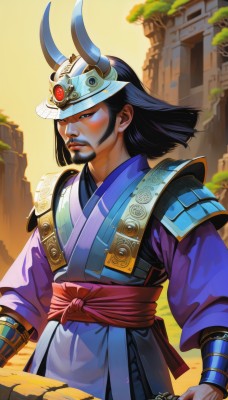 solo,blush,blue eyes,black hair,long sleeves,1boy,holding,closed mouth,standing,upper body,weapon,male focus,outdoors,japanese clothes,horns,day,sword,holding weapon,armor,lips,sash,facial hair,watermark,holding sword,helmet,shoulder armor,beard,realistic,mustache,japanese armor,fake horns,bracer,arm guards,samurai,horned helmet,looking at viewer,brown eyes,sky,black eyes,serious,logo