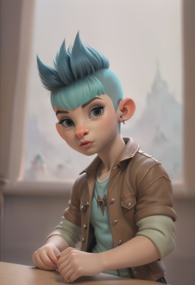 1girl,solo,looking at viewer,short hair,blue eyes,shirt,jewelry,blue hair,jacket,upper body,earrings,parted lips,open clothes,artist name,indoors,blurry,open jacket,lips,eyelashes,aqua hair,makeup,blurry background,piercing,table,cross,spiked hair,ear piercing,web address,sleeves rolled up,brown jacket,realistic,nose,stud earrings,undercut,leather jacket,mohawk,aqua eyes,window