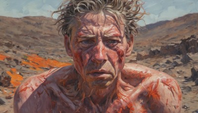 solo,looking at viewer,short hair,blue eyes,blonde hair,brown hair,1boy,closed mouth,collarbone,upper body,male focus,outdoors,sky,day,blood,facial hair,scar,wind,portrait,injury,blood on face,rock,realistic,manly,desert,black hair,grey eyes,serious,debris