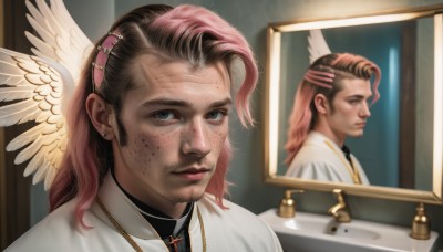 solo,long hair,looking at viewer,blue eyes,brown hair,shirt,hair ornament,1boy,jewelry,closed mouth,white shirt,pink hair,male focus,multicolored hair,earrings,wings,hairclip,indoors,medium hair,necklace,two-tone hair,lips,facial hair,cross,head wings,portrait,feathered wings,freckles,angel wings,mirror,realistic,nose,white wings,angel,cross necklace,portrait (object),bangs,upper body,black shirt,reflection,robe,stud earrings