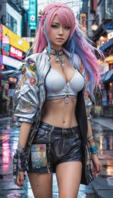 1girl,solo,long hair,breasts,looking at viewer,blue eyes,large breasts,hair ornament,navel,cleavage,jewelry,medium breasts,blue hair,standing,jacket,pink hair,multicolored hair,cowboy shot,earrings,outdoors,open clothes,shorts,choker,midriff,dark skin,necklace,nail polish,bra,blurry,bracelet,two-tone hair,lips,crop top,short shorts,blurry background,black shorts,piercing,ring,ear piercing,zipper,city,realistic,navel piercing,bangs,gloves,closed mouth,underwear,artist name,fingerless gloves,stomach,open jacket,fingernails,night,depth of field,chain,watermark,denim,building,gem,black nails,web address,white bra,denim shorts,watch,sports bra,car,wristwatch,road,badge,street,shop,button badge,chain necklace,white nails