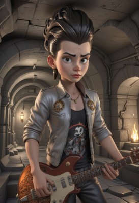 1girl,solo,looking at viewer,short hair,brown hair,shirt,black hair,holding,brown eyes,jewelry,standing,jacket,cowboy shot,earrings,open clothes,pants,indoors,necklace,lips,black shirt,fire,denim,instrument,forehead,sleeves rolled up,skull,jeans,realistic,nose,music,guitar,candle,leather,print shirt,badge,playing instrument,holding instrument,electric guitar,leather jacket,denim jacket,stairs,sleeves pushed up