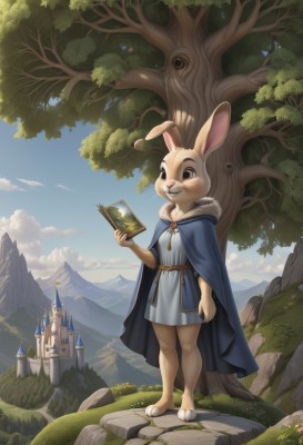 solo,smile,1boy,holding,animal ears,brown eyes,standing,tail,full body,male focus,outdoors,sky,day,belt,artist name,cloud,cape,rabbit ears,tree,blue sky,book,fur trim,grass,bug,nature,scenery,cloak,furry,holding book,rabbit,rock,mountain,open book,fantasy,rabbit girl,furry female,furry male,body fur,white fur,blue cape,animal nose,castle,mountainous horizon,1girl,dress,flower,barefoot,white dress,watermark,building,butterfly,landscape,cliff,blue cloak