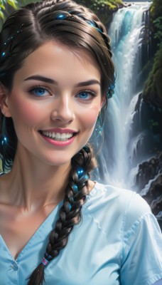 1girl,solo,long hair,breasts,looking at viewer,smile,blue eyes,brown hair,shirt,black hair,hair ornament,collarbone,white shirt,upper body,braid,short sleeves,outdoors,teeth,day,artist name,signature,water,grin,lips,eyelashes,single braid,makeup,blue shirt,portrait,hair over shoulder,freckles,realistic,nose,waterfall,mascara,bangs,jewelry,earrings,watermark,lipstick,web address