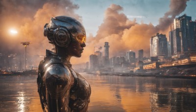 1girl,solo,upper body,outdoors,sky,cloud,water,armor,from side,helmet,cloudy sky,robot,building,scenery,smoke,reflection,science fiction,sunset,city,realistic,sun,cityscape,river,skyscraper,power armor,signature,glowing,aircraft,bridge,cyborg,evening,lights,dusk,cyberpunk,skyline