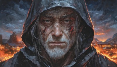 solo,looking at viewer,1boy,closed mouth,white hair,grey hair,male focus,outdoors,sky,cloud,hood,grey eyes,blood,night,facial hair,scar,cloudy sky,fire,building,portrait,beard,scar on face,hood up,blood on face,city,realistic,cityscape,manly,old,old man,close-up,mountain,embers