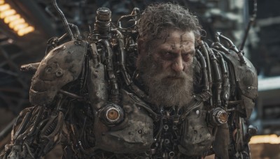 solo,1boy,upper body,weapon,grey hair,male focus,armor,blurry,blurry background,facial hair,scar,robot,mecha,beard,scar on face,science fiction,realistic,cable,mechanical arms,old,cyborg,old man,single mechanical arm,cyberpunk,looking at viewer,short hair,closed mouth,depth of field,ground vehicle,machinery,curly hair,serious,mustache,power armor,wrinkled skin