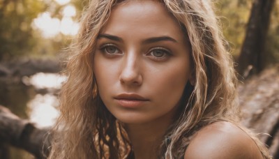 1girl,solo,long hair,looking at viewer,blonde hair,brown hair,bare shoulders,brown eyes,closed mouth,outdoors,blurry,tree,lips,grey eyes,eyelashes,depth of field,blurry background,wavy hair,portrait,close-up,freckles,curly hair,realistic,nose,nature,forest,bokeh