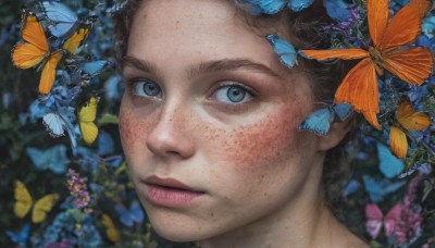 1girl,solo,looking at viewer,short hair,blue eyes,brown hair,black hair,1boy,closed mouth,flower,male focus,mole,blurry,lips,grey eyes,depth of field,blurry background,bug,butterfly,portrait,close-up,freckles,realistic,nose,blue butterfly,mole on cheek,brown eyes,eyelashes,expressionless