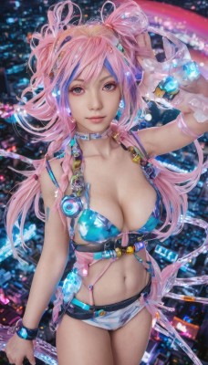 1girl,solo,long hair,breasts,looking at viewer,smile,blue eyes,large breasts,hair ornament,navel,holding,cleavage,jewelry,medium breasts,standing,collarbone,swimsuit,pink hair,bikini,multicolored hair,cowboy shot,earrings,shorts,choker,midriff,pink eyes,arm up,bracelet,lips,short shorts,realistic,bangs,bare shoulders,twintails,closed mouth,blue hair,purple eyes,braid,thighs,parted lips,belt,artist name,signature,stomach,bag,star (symbol),blurry,twin braids,two-tone hair,streaked hair,see-through,night,watermark,ring,bikini top only,web address,pink lips,city,nose,cityscape