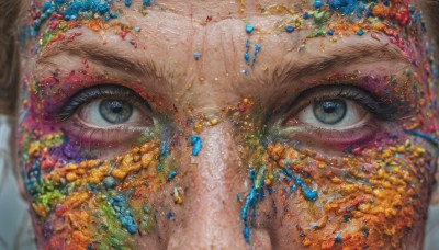 1girl,solo,looking at viewer,blue eyes,brown hair,solo focus,blurry,grey eyes,eyelashes,makeup,depth of field,blurry background,own hands together,gem,close-up,eyeshadow,reflection,crystal,blue gemstone,eye focus,green eyes,black eyes,portrait,realistic,gold,mascara