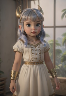 1girl,solo,long hair,looking at viewer,bangs,blue eyes,hair ornament,dress,jewelry,closed mouth,blue hair,standing,short sleeves,grey hair,cowboy shot,horns,artist name,indoors,blunt bangs,medium hair,necklace,white dress,blurry,bracelet,lips,grey eyes,window,blurry background,plant,child,freckles,realistic,arms at sides,female child,puffy sleeves,puffy short sleeves,gold