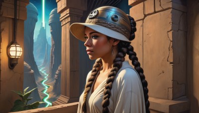 1girl,solo,long hair,breasts,blue eyes,black hair,hat,brown eyes,jewelry,collarbone,upper body,braid,earrings,parted lips,sky,dark skin,twin braids,from side,dark-skinned female,lips,eyelashes,night,glowing,plant,realistic,nose,looking afar,ruins,pillar,column,multiple braids,dress,small breasts,outdoors,white dress,helmet