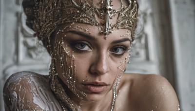 1girl,solo,looking at viewer,brown hair,bare shoulders,brown eyes,closed mouth,dark skin,mole,blurry,black eyes,dark-skinned female,lips,wet,grey eyes,blurry background,portrait,freckles,realistic,jewelry,earrings,necklace,hair bun,eyelashes,makeup,mole under mouth,close-up,headdress