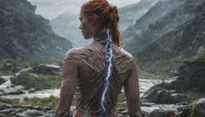 1girl, solo, long hair, upper body, outdoors, hair bun, from behind, orange hair, back, single hair bun, science fiction, rain, mountain, realistic, lightning, back tattoo