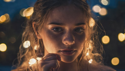 1girl, solo, long hair, looking at viewer, brown hair, closed mouth, hand up, blurry, lips, depth of field, thick eyebrows, portrait, realistic, nose, bokeh