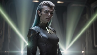 1girl,solo,long hair,breasts,looking at viewer,jewelry,medium breasts,closed mouth,upper body,white hair,grey hair,multicolored hair,indoors,blurry,lips,grey eyes,bodysuit,blurry background,science fiction,realistic,black bodysuit,long sleeves,pointy ears,nose,light,alien,laser