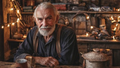 solo,looking at viewer,blue eyes,shirt,long sleeves,1boy,sitting,closed mouth,upper body,white hair,grey hair,male focus,collared shirt,indoors,blurry,cup,grey eyes,black shirt,buttons,depth of field,blurry background,facial hair,scar,table,suspenders,blue shirt,beard,alcohol,mug,mustache,old,old man,bar (place),counter,wooden table,wrinkled skin,smile,teeth,striped,artist name,signature,dress shirt,watermark,bottle,web address,striped shirt,realistic,manly