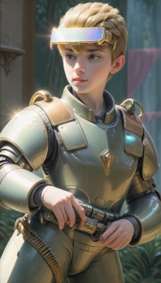 1girl,solo,smile,short hair,blue eyes,blonde hair,holding,brown eyes,closed mouth,standing,weapon,cowboy shot,artist name,armor,blurry,lips,gun,looking to the side,grey eyes,bodysuit,blurry background,goggles,shoulder armor,science fiction,goggles on head,pauldrons,breastplate,very short hair,shoulder pads,power armor,plate armor,parted lips,holding weapon,holding gun,realistic